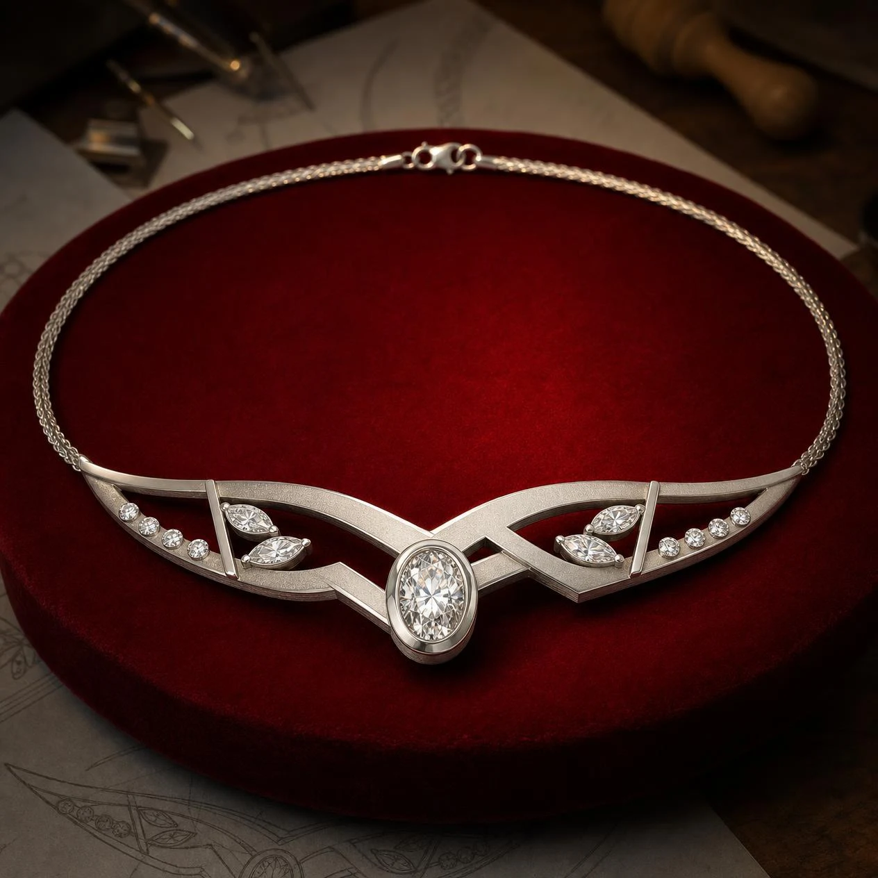 Douce Incantata, 1.38 ct tw oval lab grown diamond necklace in 18K white gold (front view)