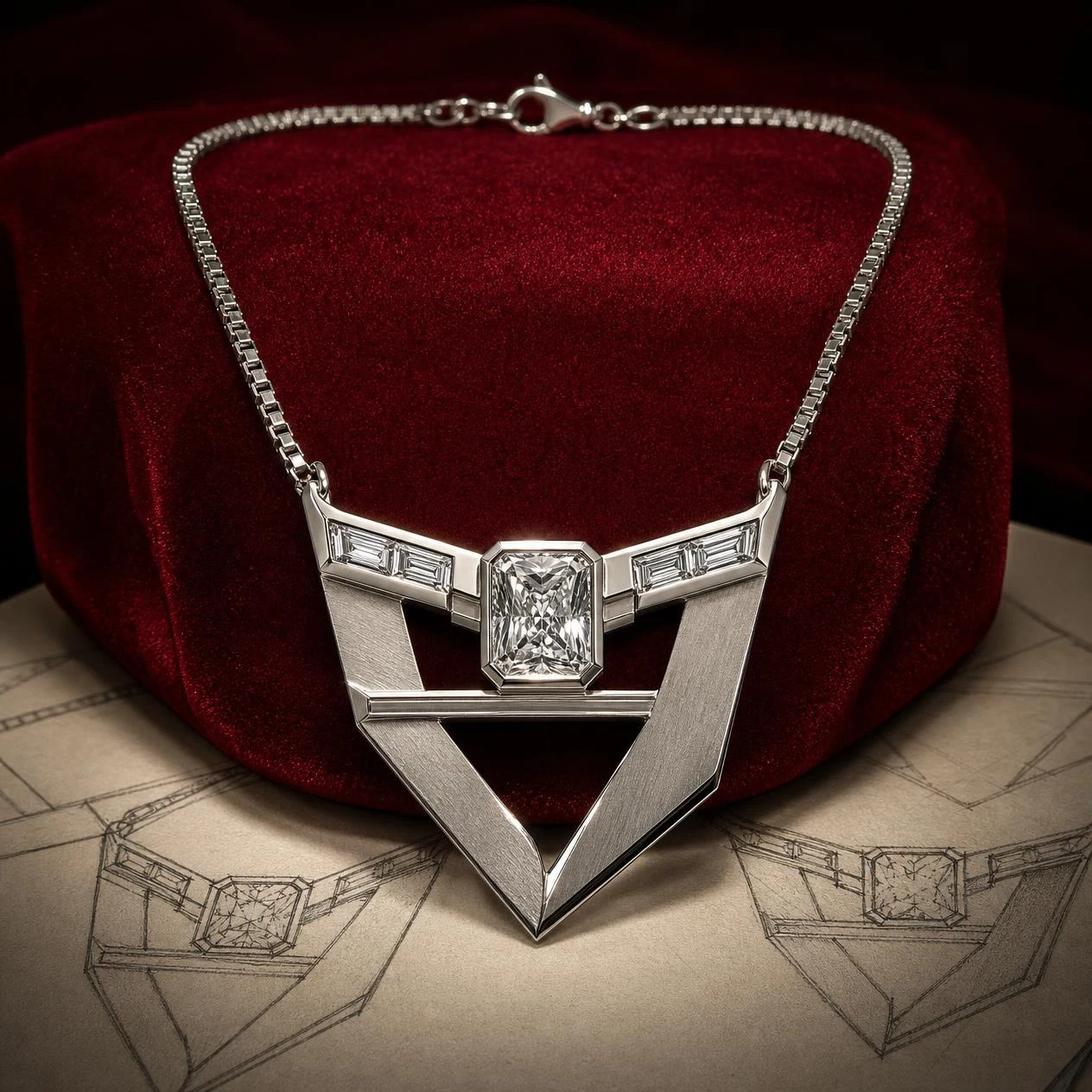 Viandante Vigile, 1.34 ct tw radiant lab grown diamond men’s necklace in 18K white gold (front view)