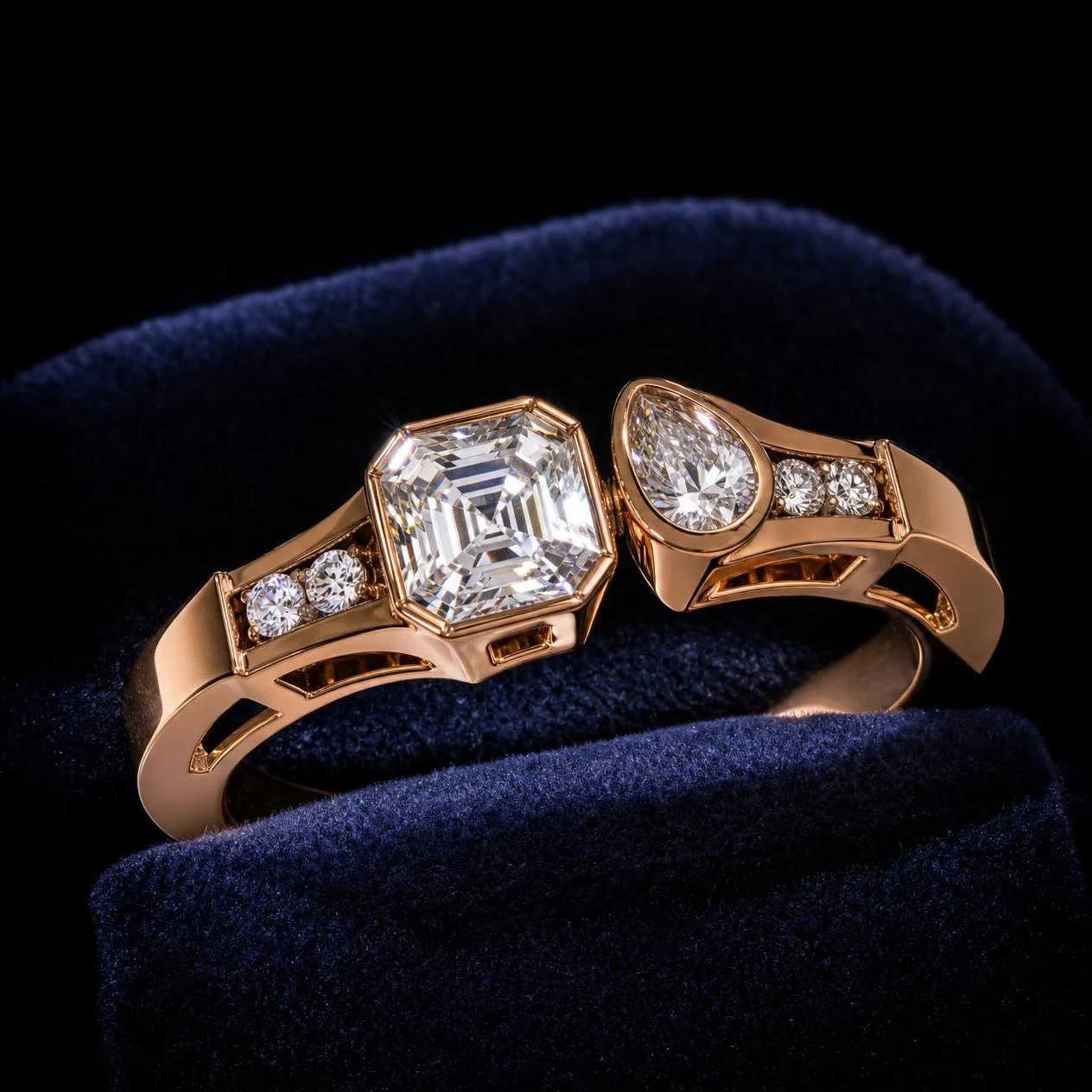 Onda Secrète, 2.3 ct tw asscher lab grown diamond ring in rose gold (front view)
