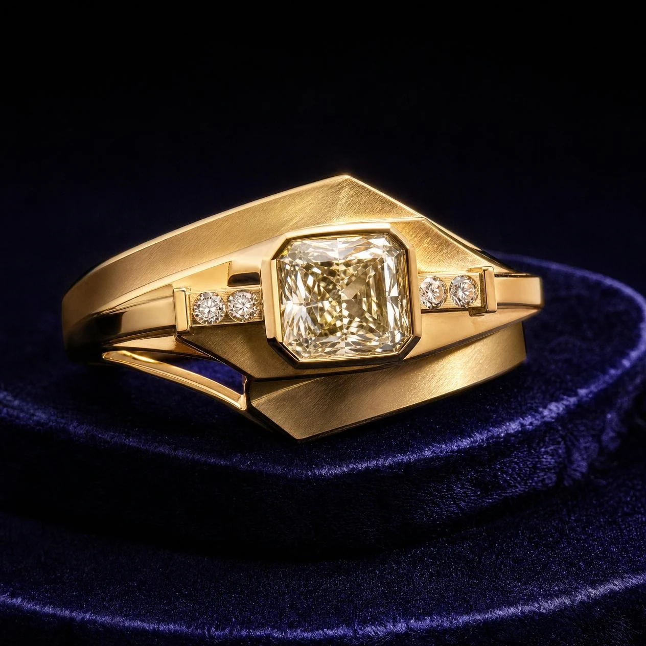 Selva Silente, 2.4 ct tw radiant lab grown diamond ring in 18K yellow gold (front view)