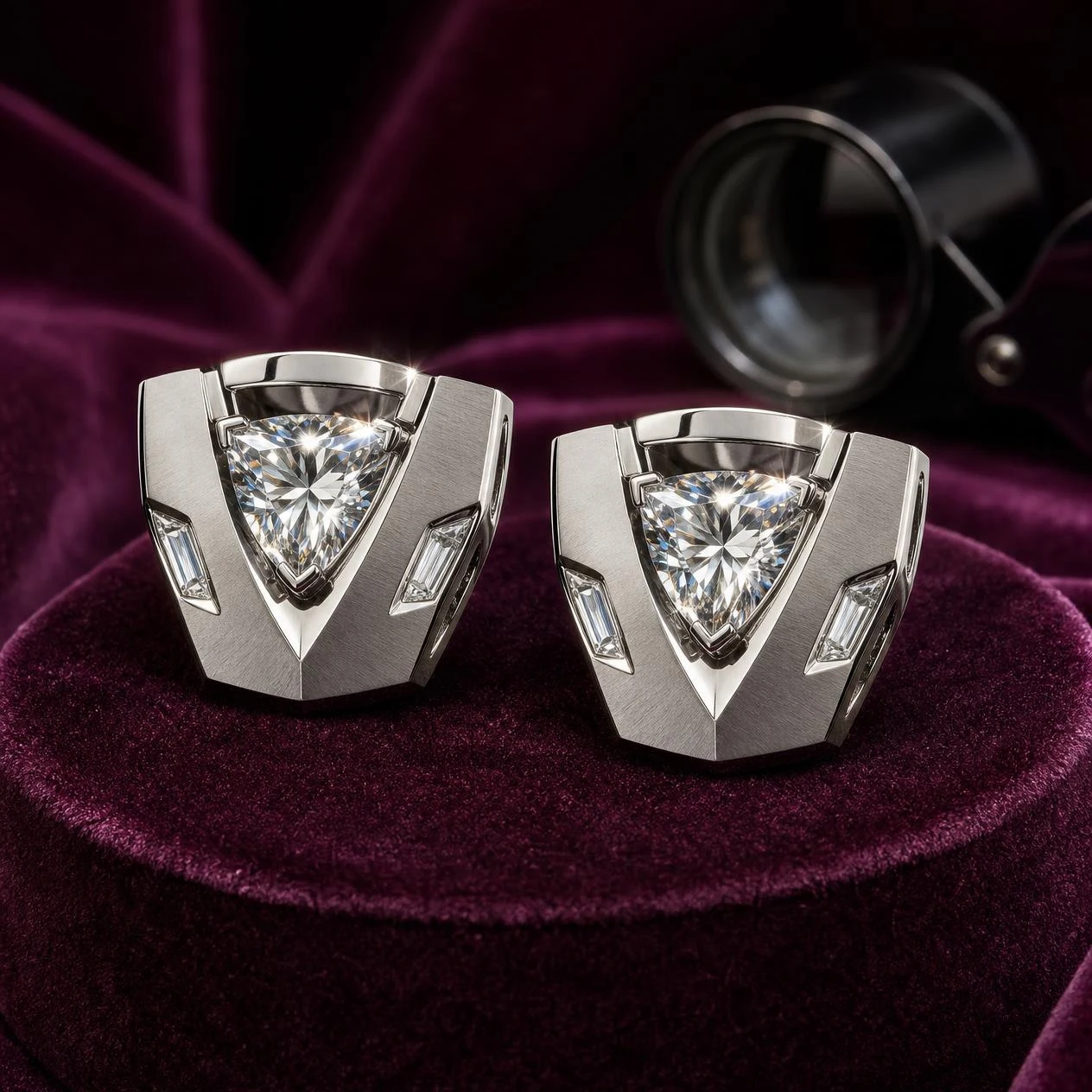 Faro di Roma, 5.2 ct tw trillion lab grown diamond men’s earrings in 18K white gold (front view)