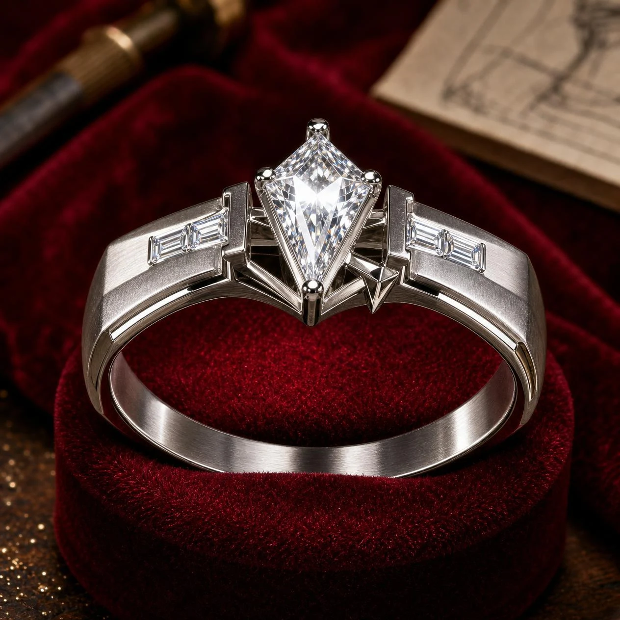 Platino Solenne, 1.34 ct tw kite lab grown diamond men’s ring in 18K white gold (front view)