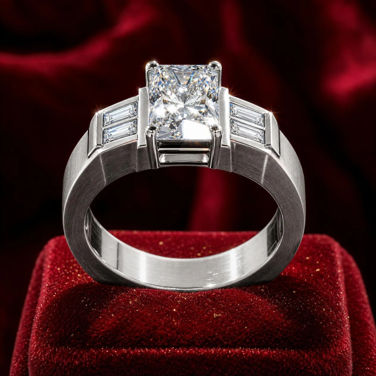 Lancia Profondo, 1.68 ct tw radiant lab grown diamond men’s ring in 18K white gold (front view)
