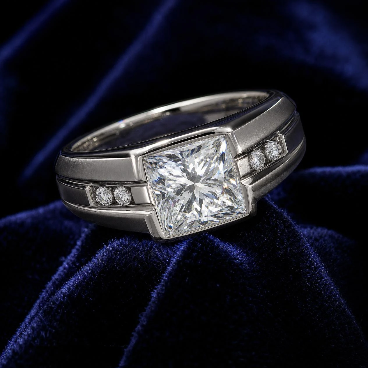 Vessillo di Firenze, 2.58 ct tw princess lab grown diamond men’s ring in 18K white gold (front view)