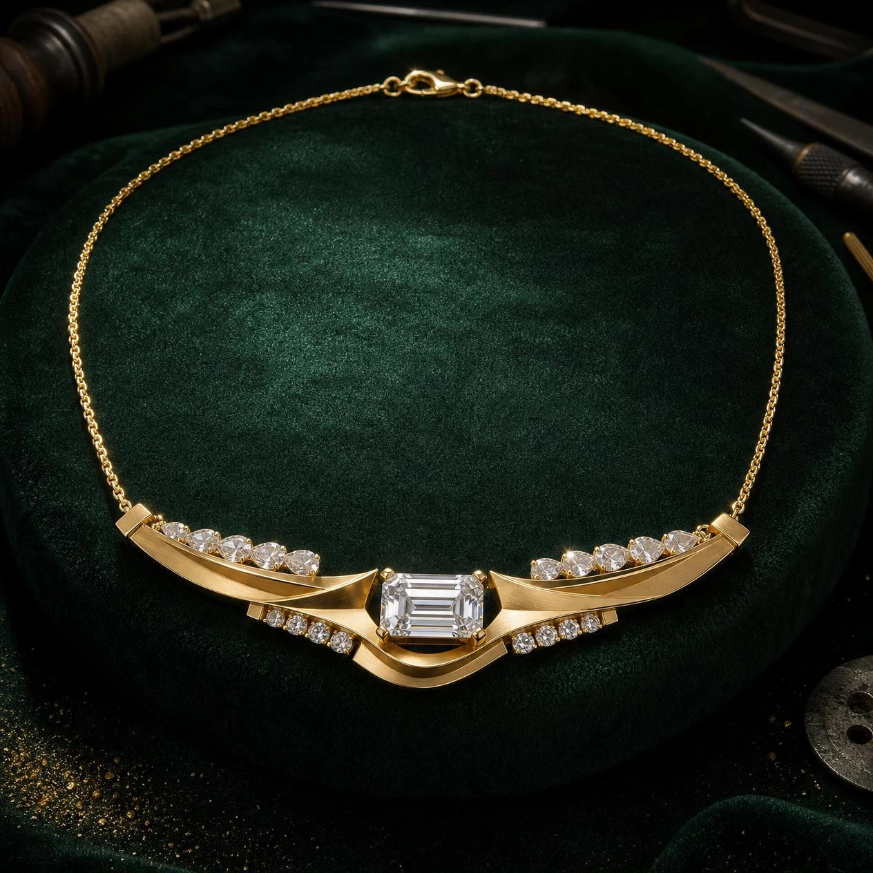 Lavanda Nascente, 2.42 ct tw emerald lab grown diamond necklace in 18K yellow gold (front view)
