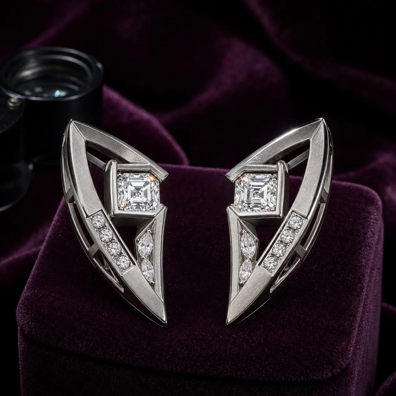 Poesia Éternelle, 4.92 ct tw asscher lab grown diamond earrings in 18K white gold (front view)