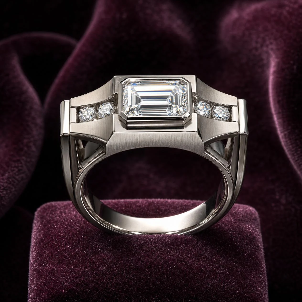 Leone di Genova, 1.98 ct tw emerald lab grown diamond men’s ring in 18K white gold (front view)