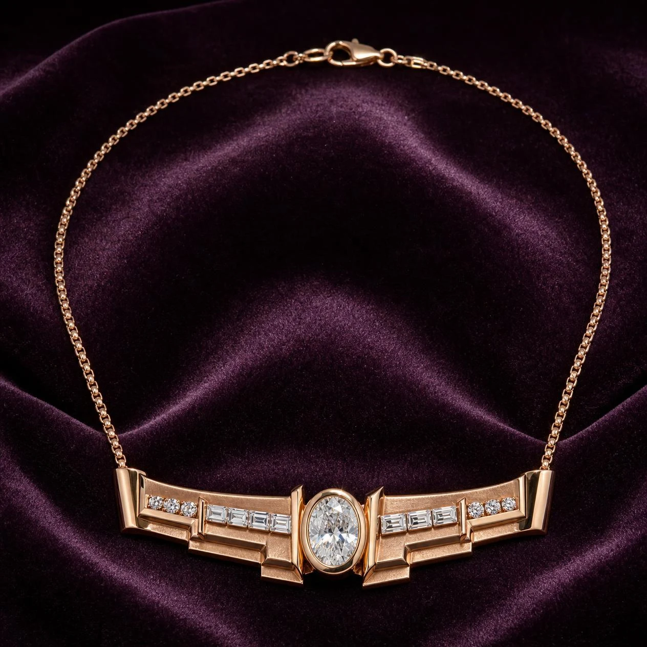 Belle d'Estate, 1.58 ct tw oval lab grown diamond necklace in rose gold (front view)