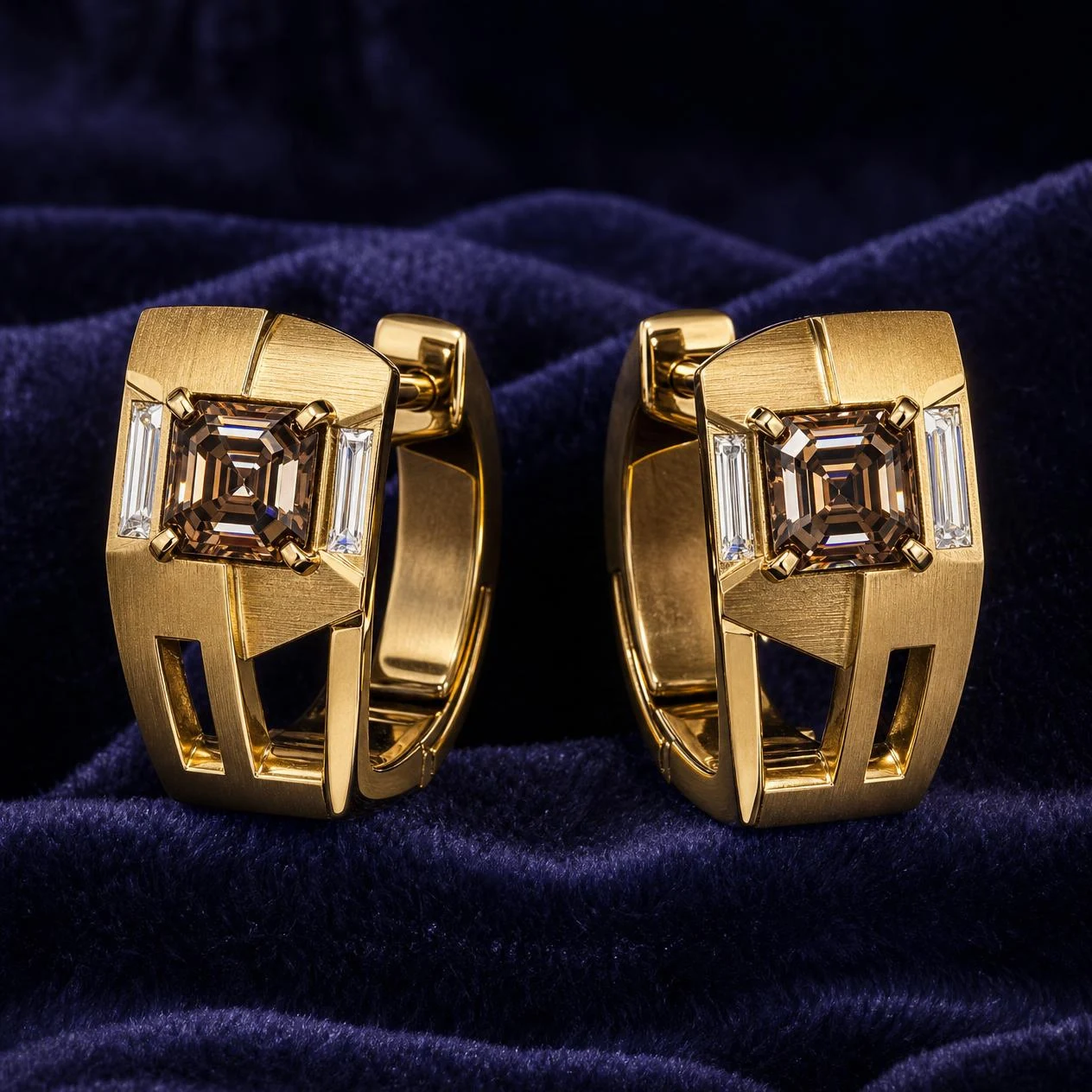 Meridiano Invicto, 4.2 ct tw asscher lab grown diamond men’s earrings in 18K yellow gold (front view)