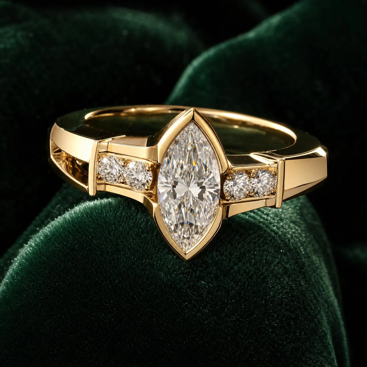 Legionario Indomito, 1.74 ct tw marquise lab grown diamond men’s ring in 18K yellow gold (front view)