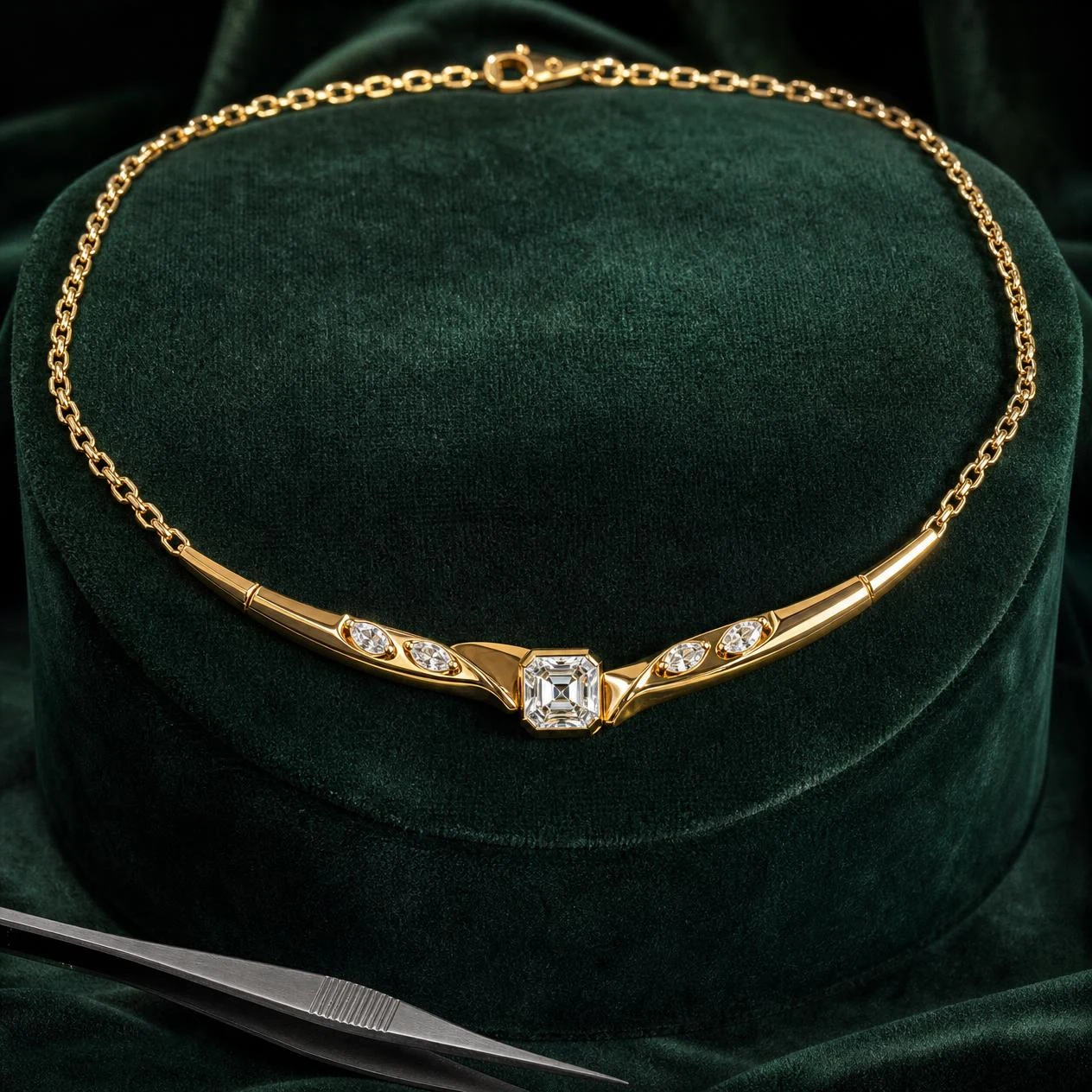 Aurora Vivace, 2.12 ct tw asscher lab grown diamond necklace in 18K yellow gold (front view)