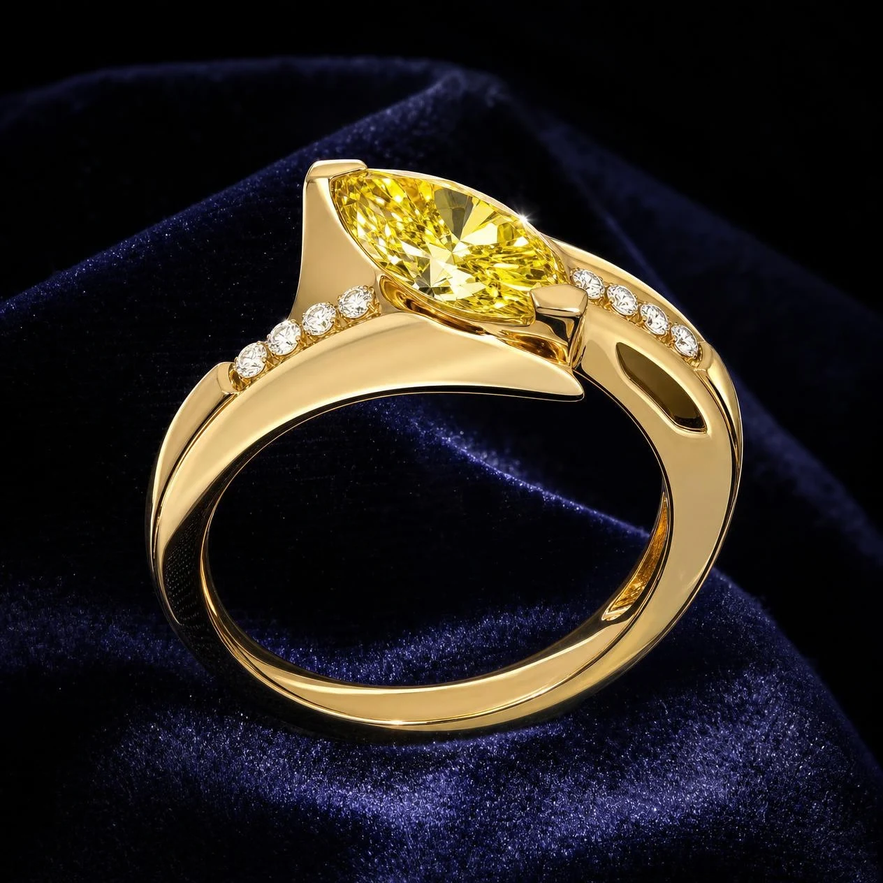 Aube Dorata, 2.39 ct tw marquise lab grown diamond ring in 18K yellow gold (front view)