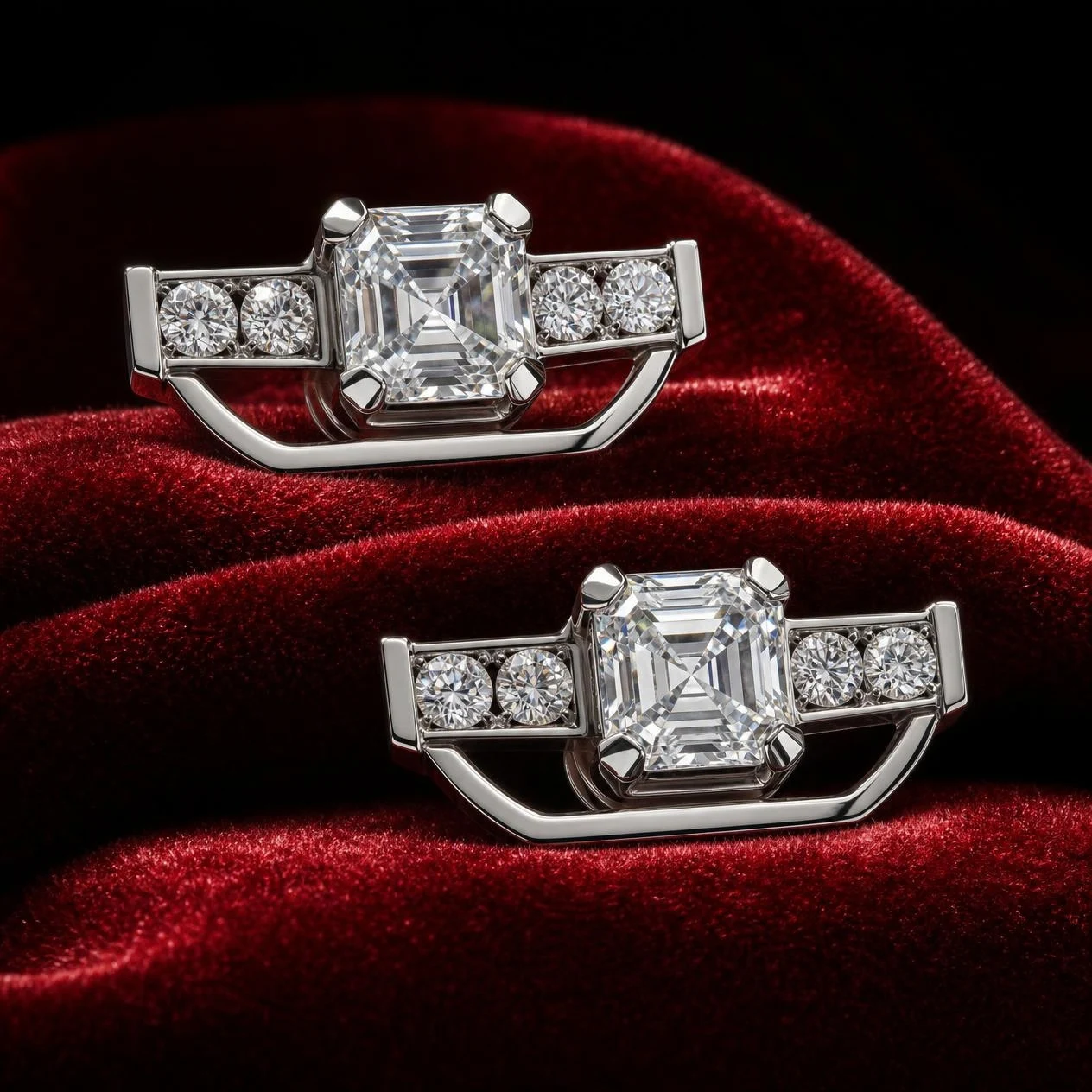Imperatore Reale, 3.4 ct tw asscher lab grown diamond men’s earrings in 18K white gold (front view)