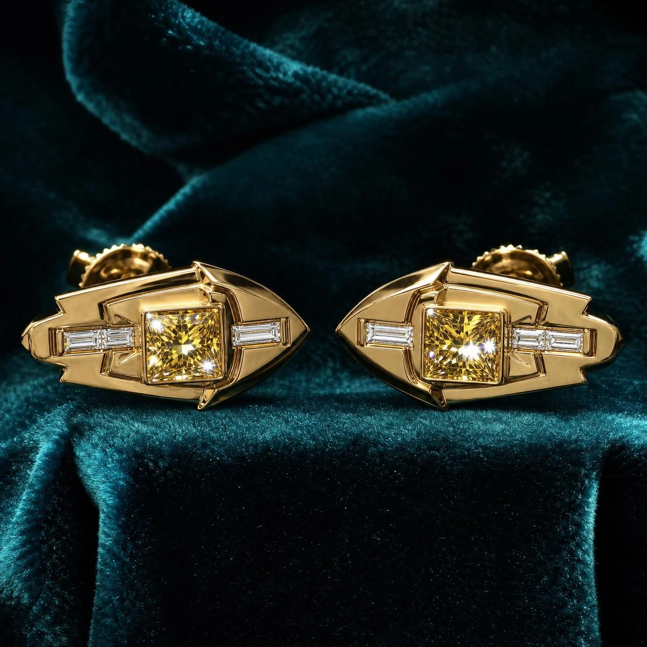 Barone di Ferro, 4.8 ct tw princess lab grown diamond men’s earrings in 18K yellow gold (front view)