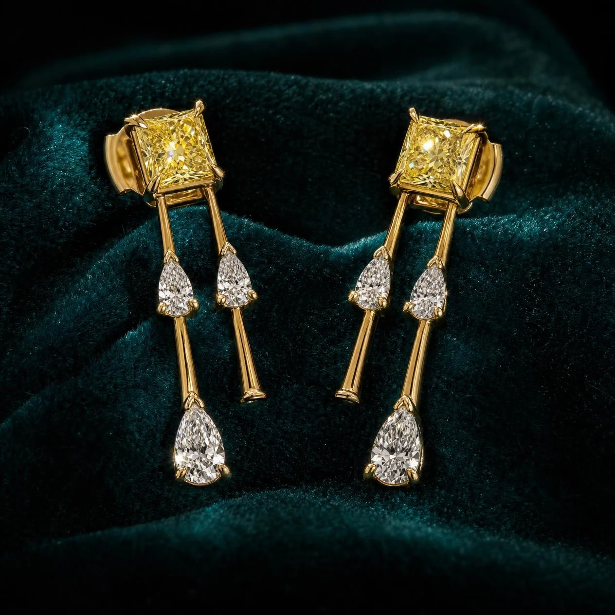 Neve Dorée, 3.48 ct tw princess lab grown diamond earrings in 18K yellow gold (front view)