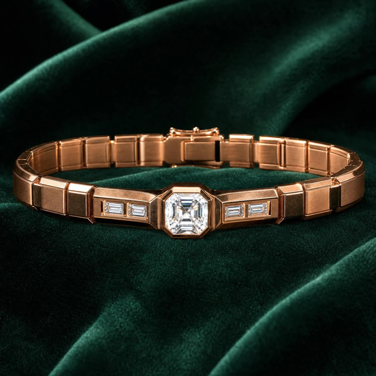 Promontorio Silenzioso, 1.3 ct tw asscher lab grown diamond men’s bracelet in rose gold (front view)