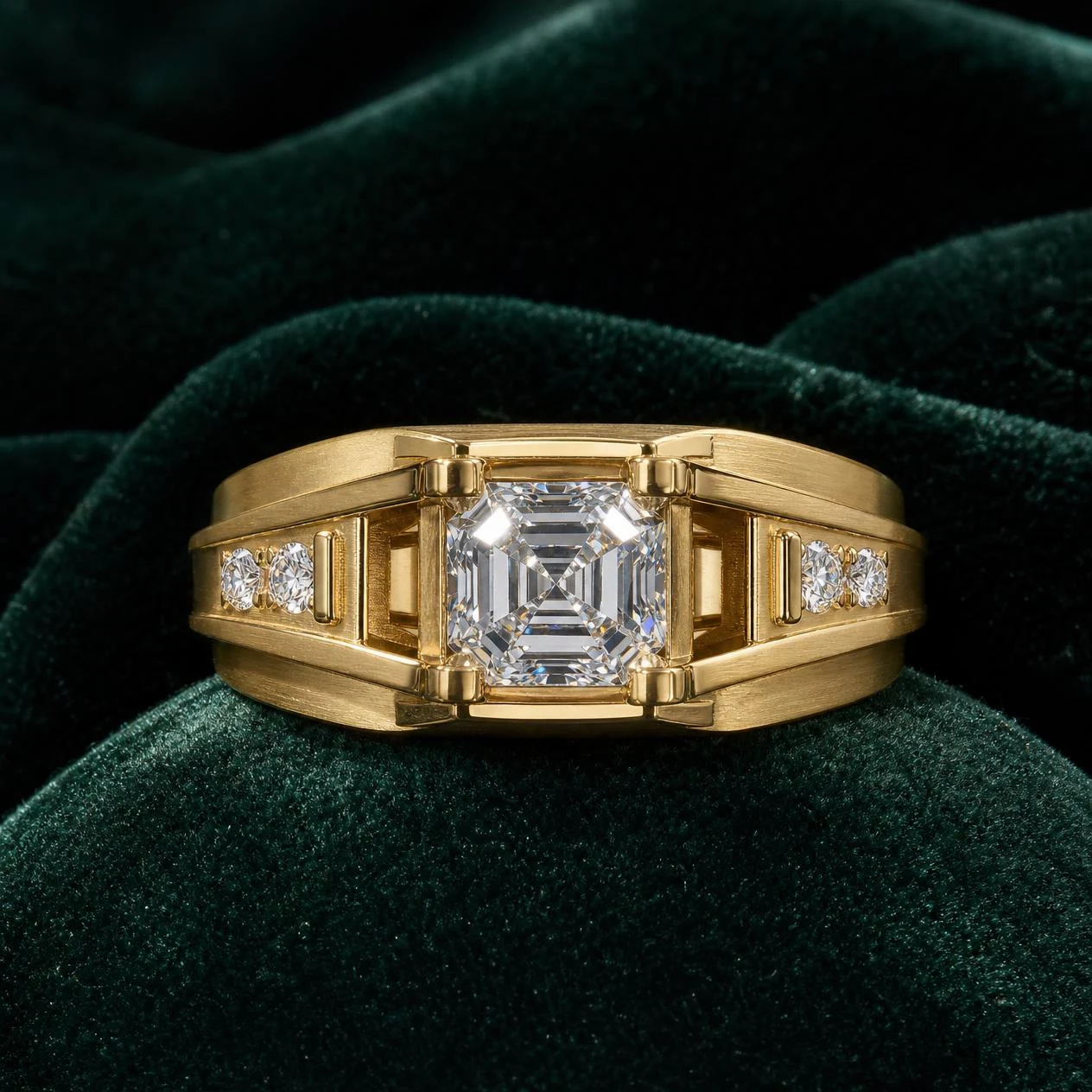 Principe Profondo, 1.82 ct tw asscher lab grown diamond men’s ring in 18K yellow gold (front view)