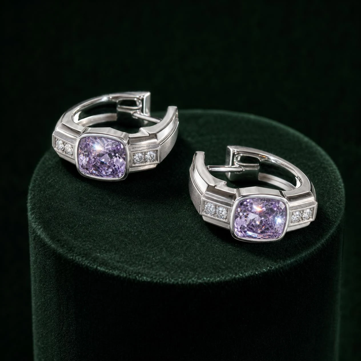 Tuono Oscuro, 5.4 ct tw cushion lab grown diamond men’s earrings in 18K white gold (front view)