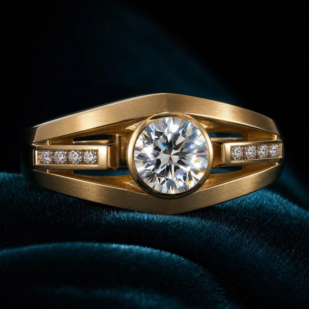 Orizzonte Sovrano, 2.4 ct tw round lab grown diamond men’s ring in 18K yellow gold (front view)