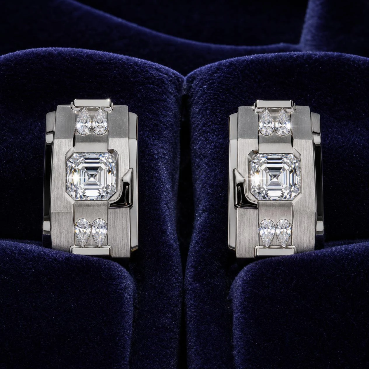 Monarca Saldo, 4.6 ct tw asscher lab grown diamond men’s earrings in 18K white gold (front view)