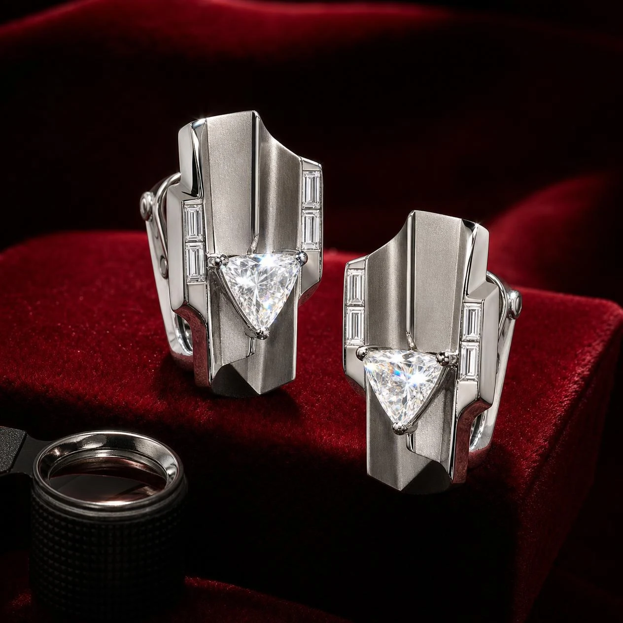 Orizzonte Nobile, 4.8 ct tw trillion lab grown diamond men’s earrings in 18K white gold (front view)