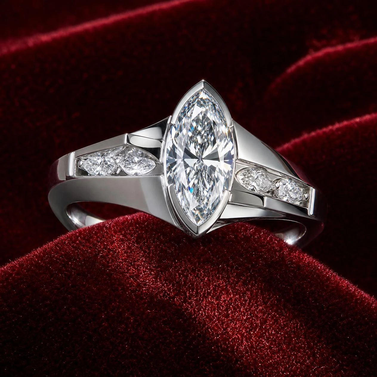 Clair di Cristallo, 3.05 ct tw marquise lab grown diamond ring in 18K white gold (front view)