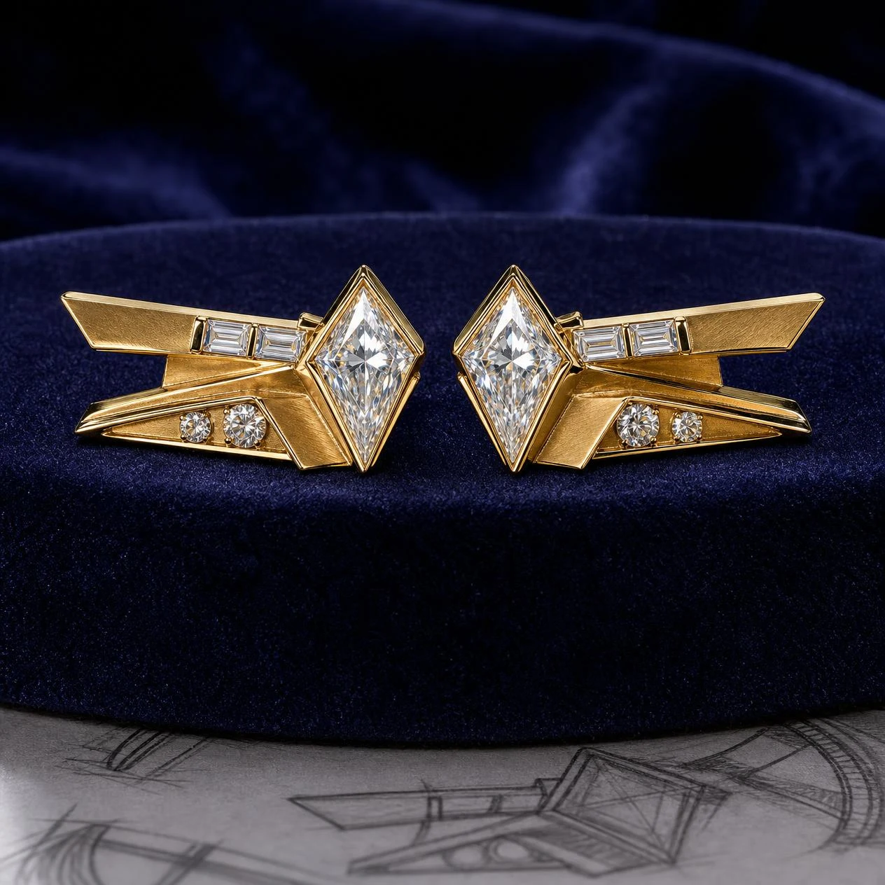 Lira Nascente, 2.84 ct tw kite lab grown diamond earrings in 18K yellow gold (front view)