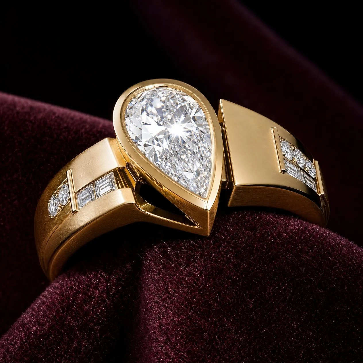 Capitano Solenne, 2.64 ct tw pear lab grown diamond men’s ring in 18K yellow gold (front view)