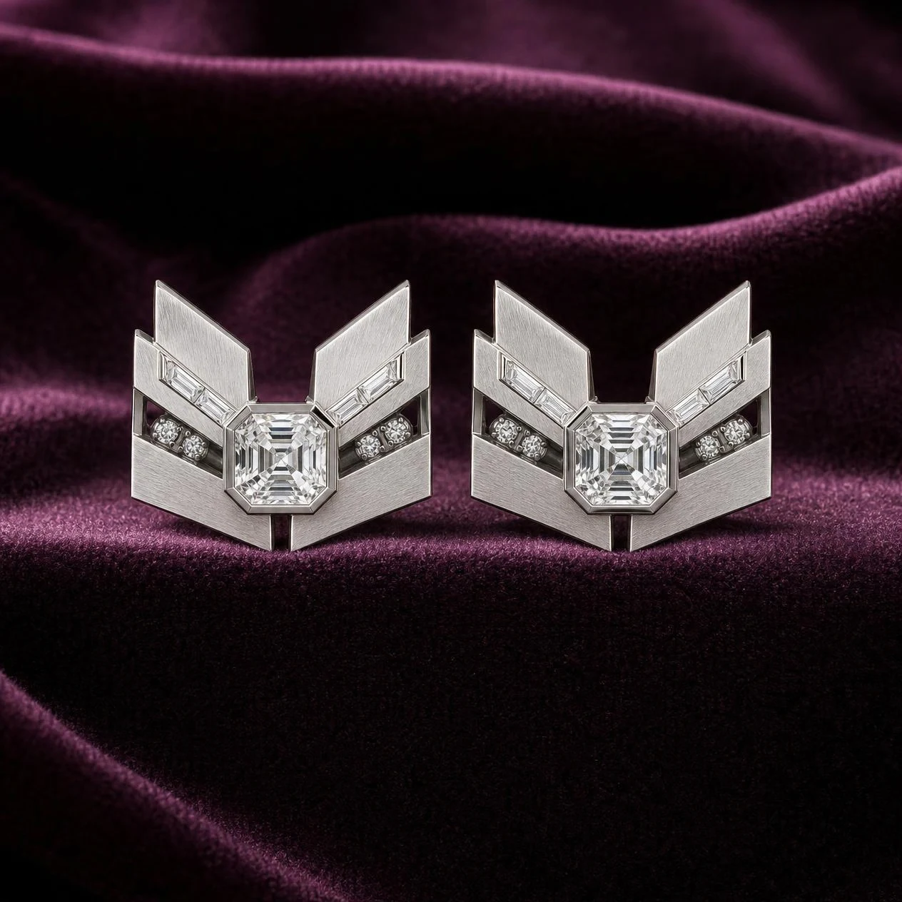 Vento Serena, 5.56 ct tw asscher lab grown diamond earrings in platinum (front view)