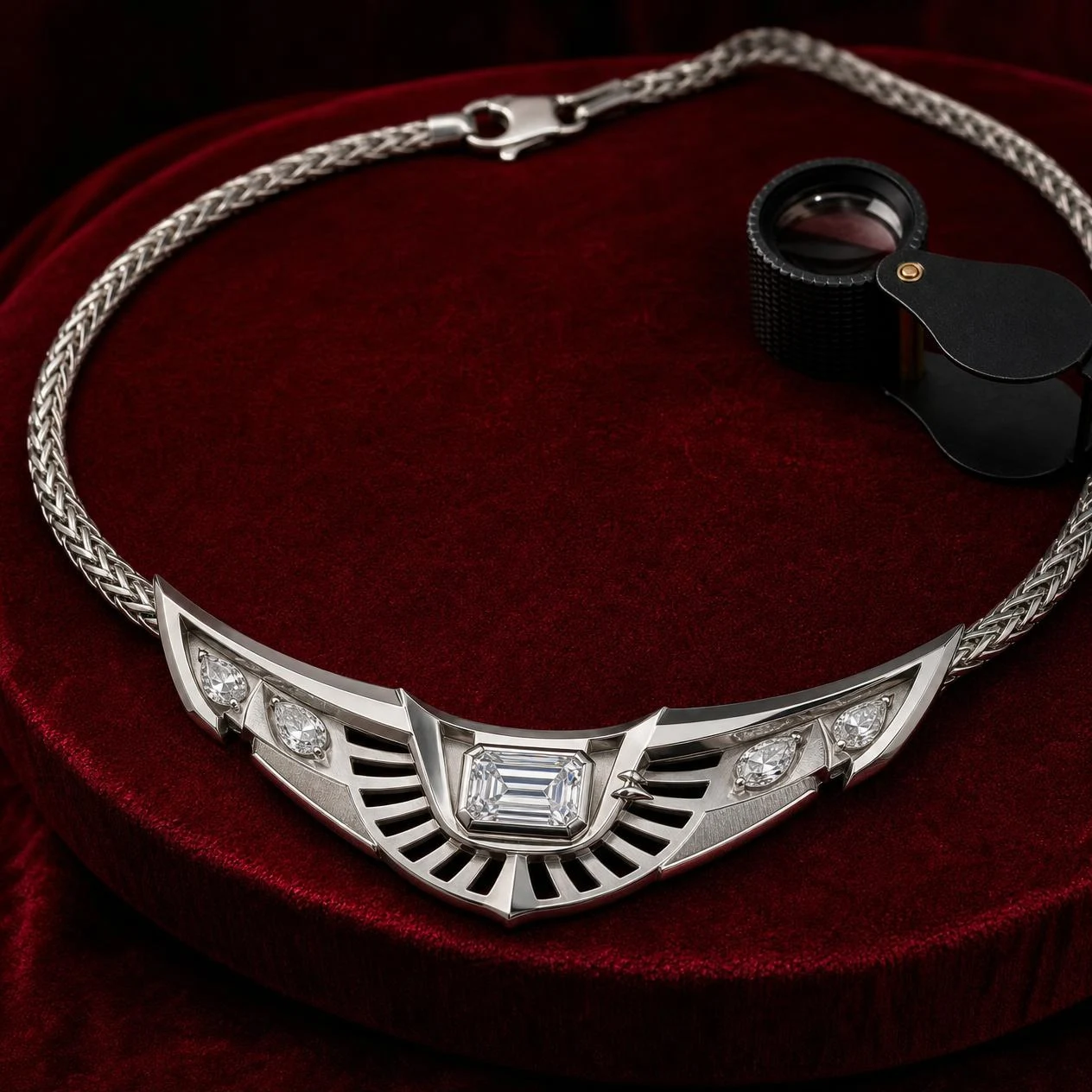 Quercia Audace, 1.52 ct tw emerald lab grown diamond men’s necklace in 18K white gold (front view)