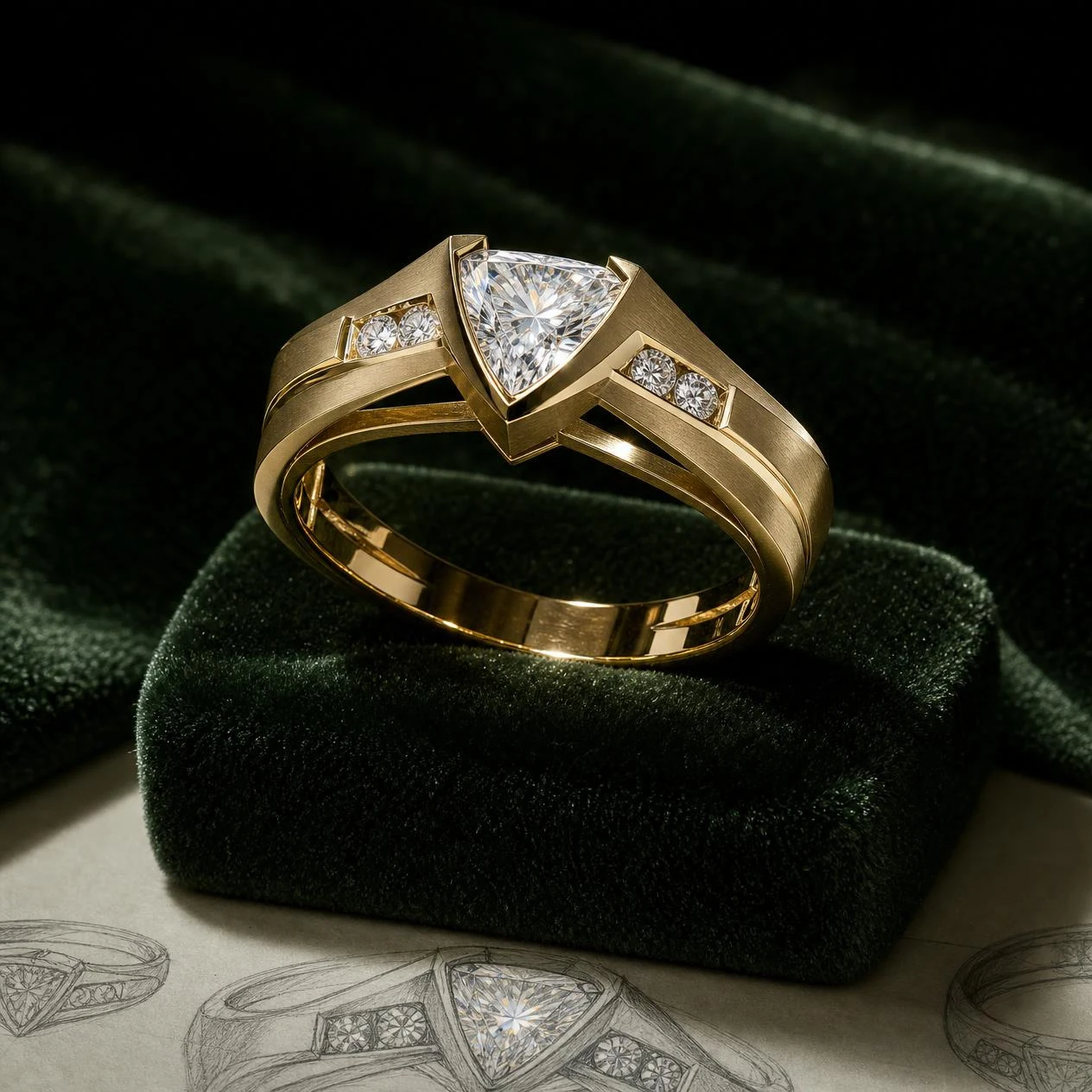 Corsaro di Granito, 1.18 ct tw trillion lab grown diamond men’s ring in 18K yellow gold (front view)