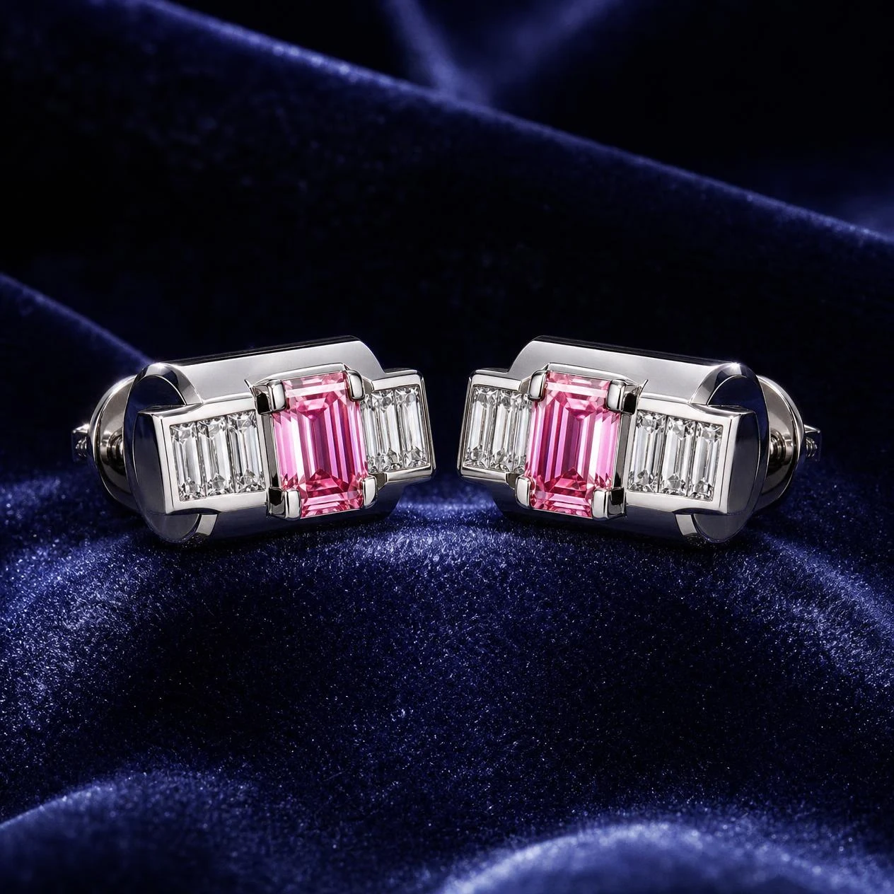 Marmo dell'Alba, 2.8 ct tw baguette lab grown diamond men’s earrings in 18K white gold (front view)