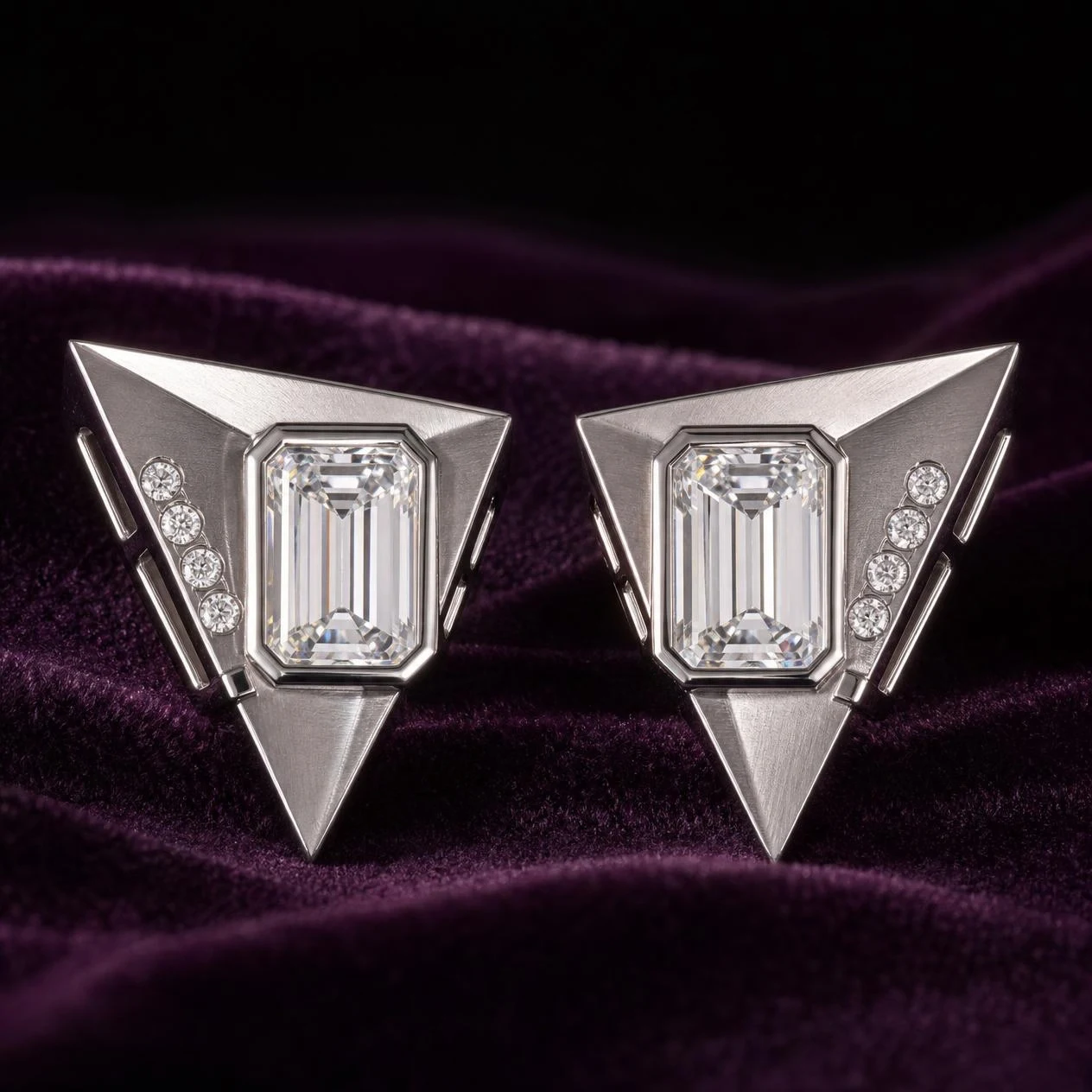 Ciel d'Aube, 3.32 ct tw emerald lab grown diamond earrings in 18K white gold (front view)