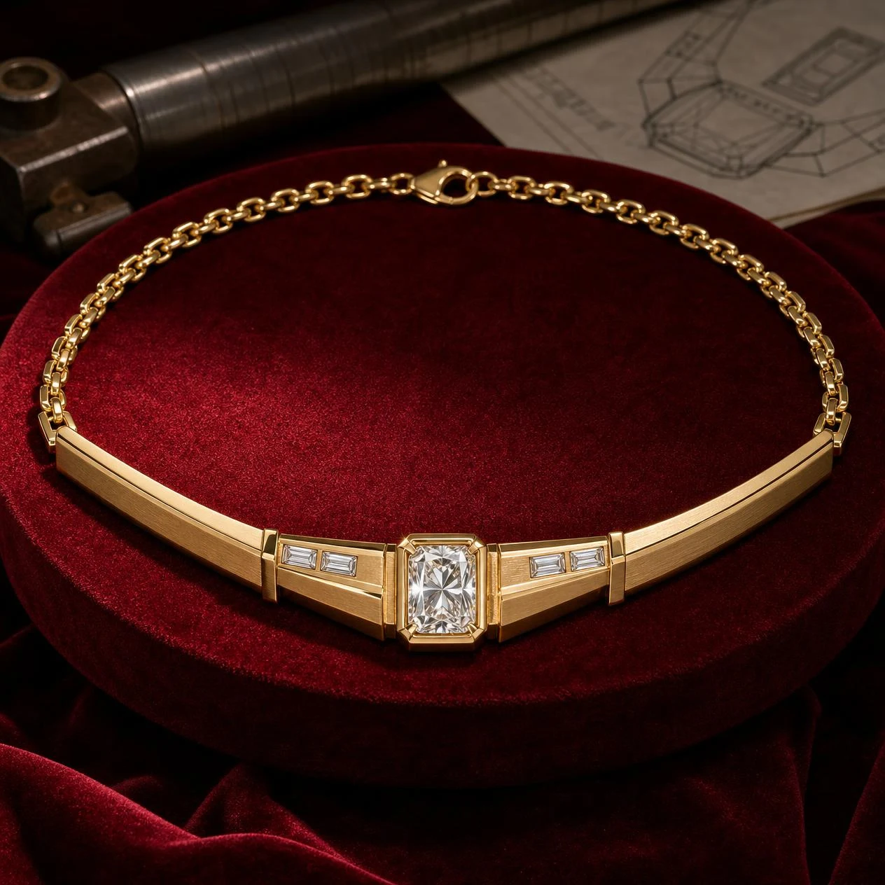 Console d'Acciaio, 1.82 ct tw radiant lab grown diamond men’s necklace in 18K yellow gold (front view)