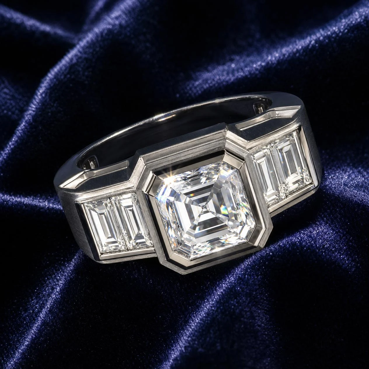 Ferro d'Acciaio, 2.74 ct tw asscher lab grown diamond men’s ring in 18K white gold (front view)