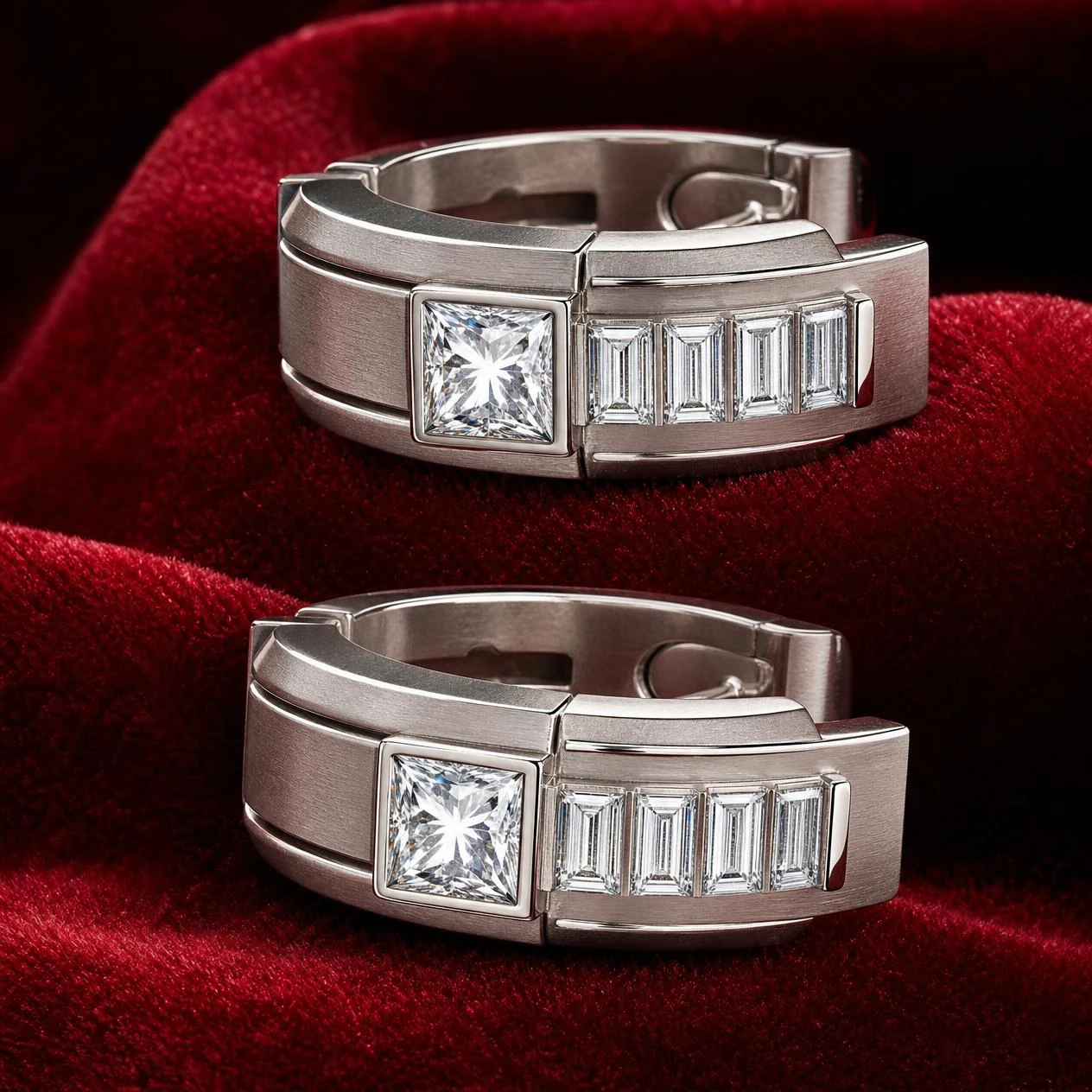 Tramonto Indomito, 3.24 ct tw princess lab grown diamond men’s earrings in 18K white gold (front view)
