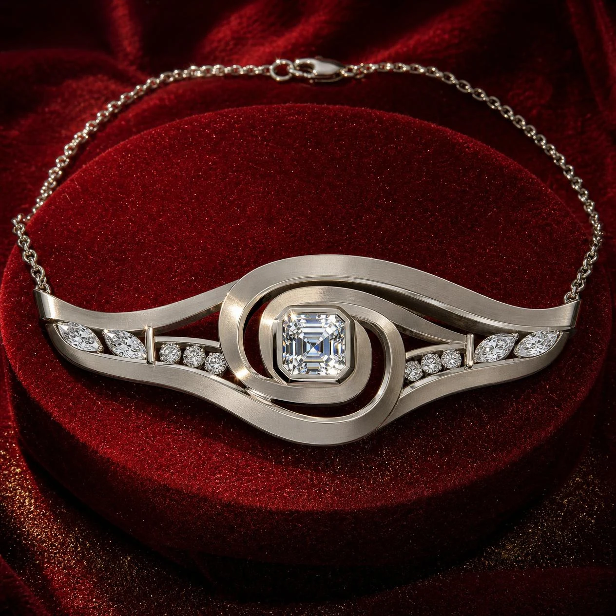 Lira di Rugiada, 3.21 ct tw asscher lab grown diamond necklace in 18K white gold (front view)