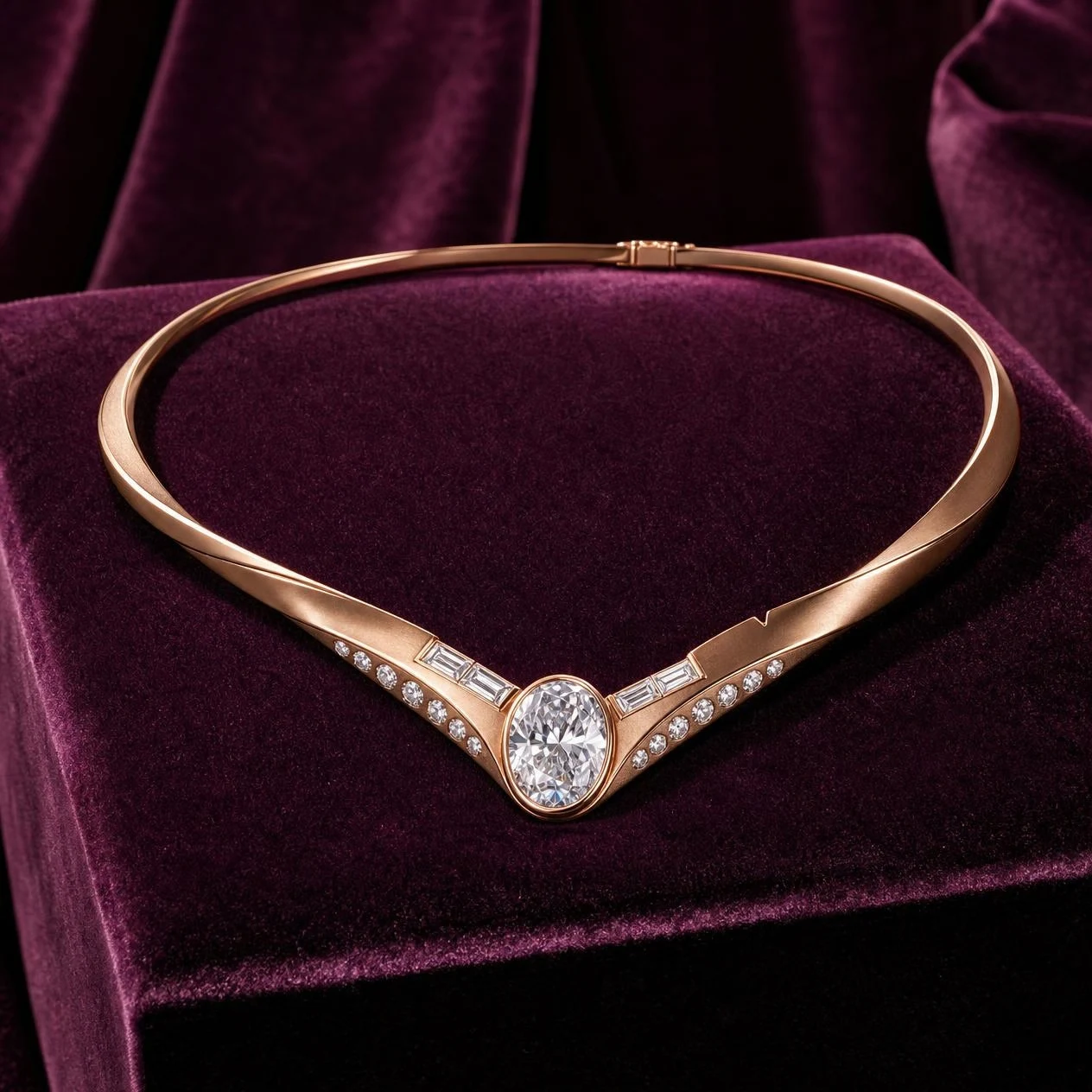 Fiamma Suspendue, 3.14 ct tw oval lab grown diamond necklace in rose gold (front view)