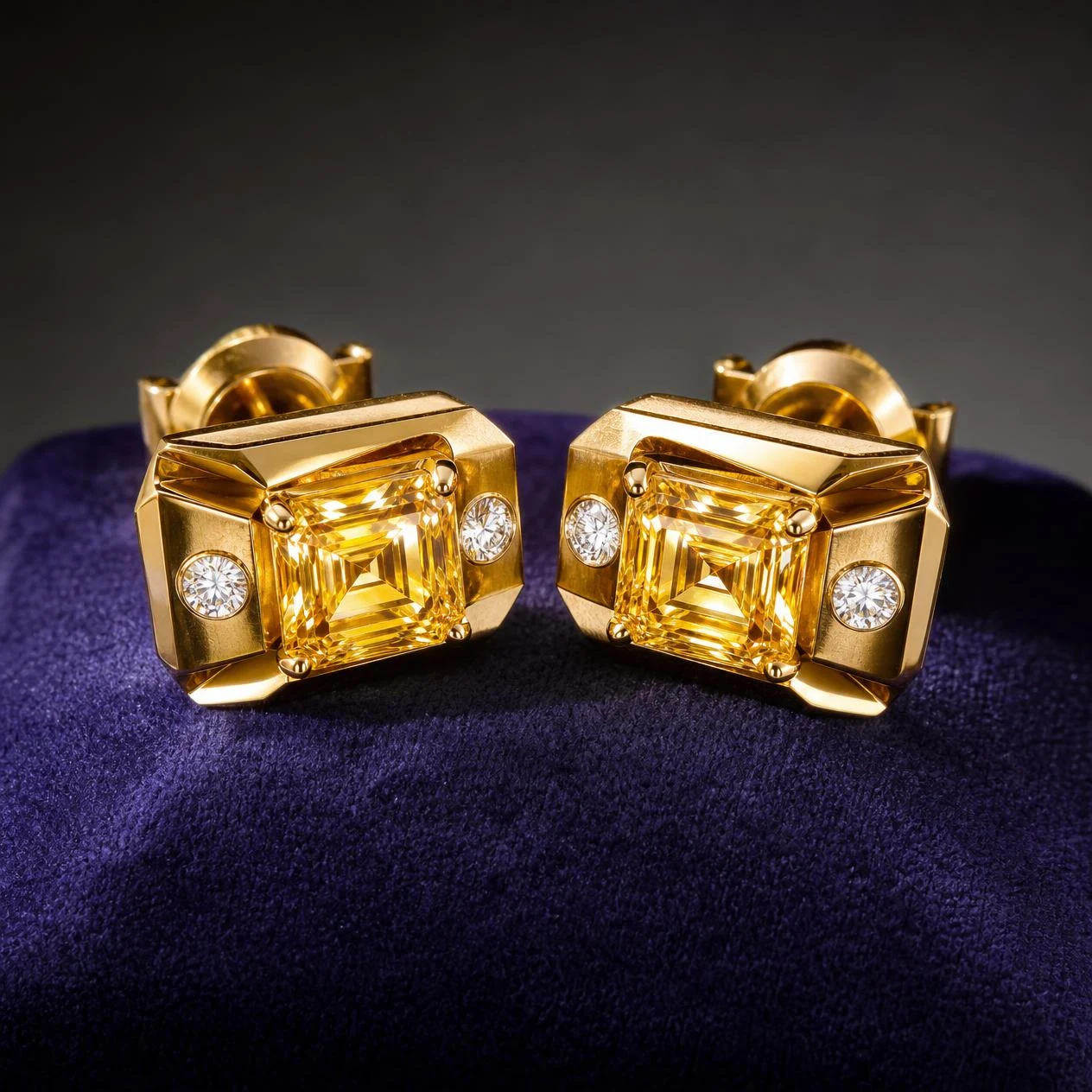 Tempesta di Platino, 2.56 ct tw asscher lab grown diamond men’s earrings in 18K yellow gold (front view)