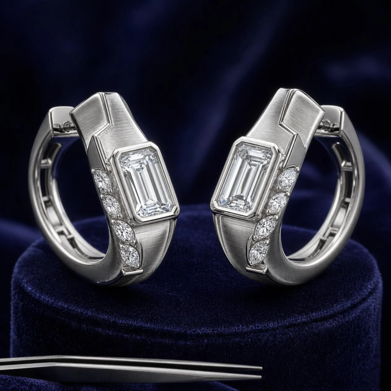 Soie Regale, 3.4 ct tw emerald lab grown diamond earrings in 18K white gold (front view)