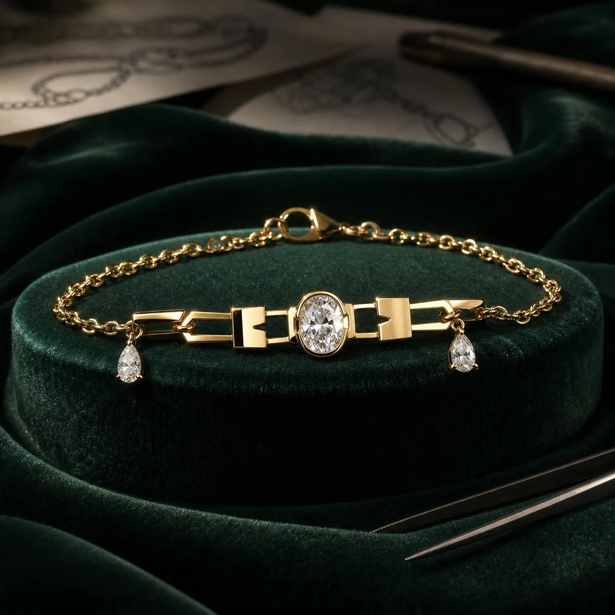 Capitano Severo, 1.66 ct tw oval lab grown diamond men’s bracelet in 18K yellow gold (front view)