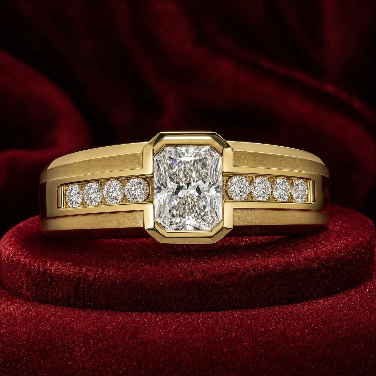 Glaciale Audace, 1.94 ct tw radiant lab grown diamond men’s ring in 18K yellow gold (front view)