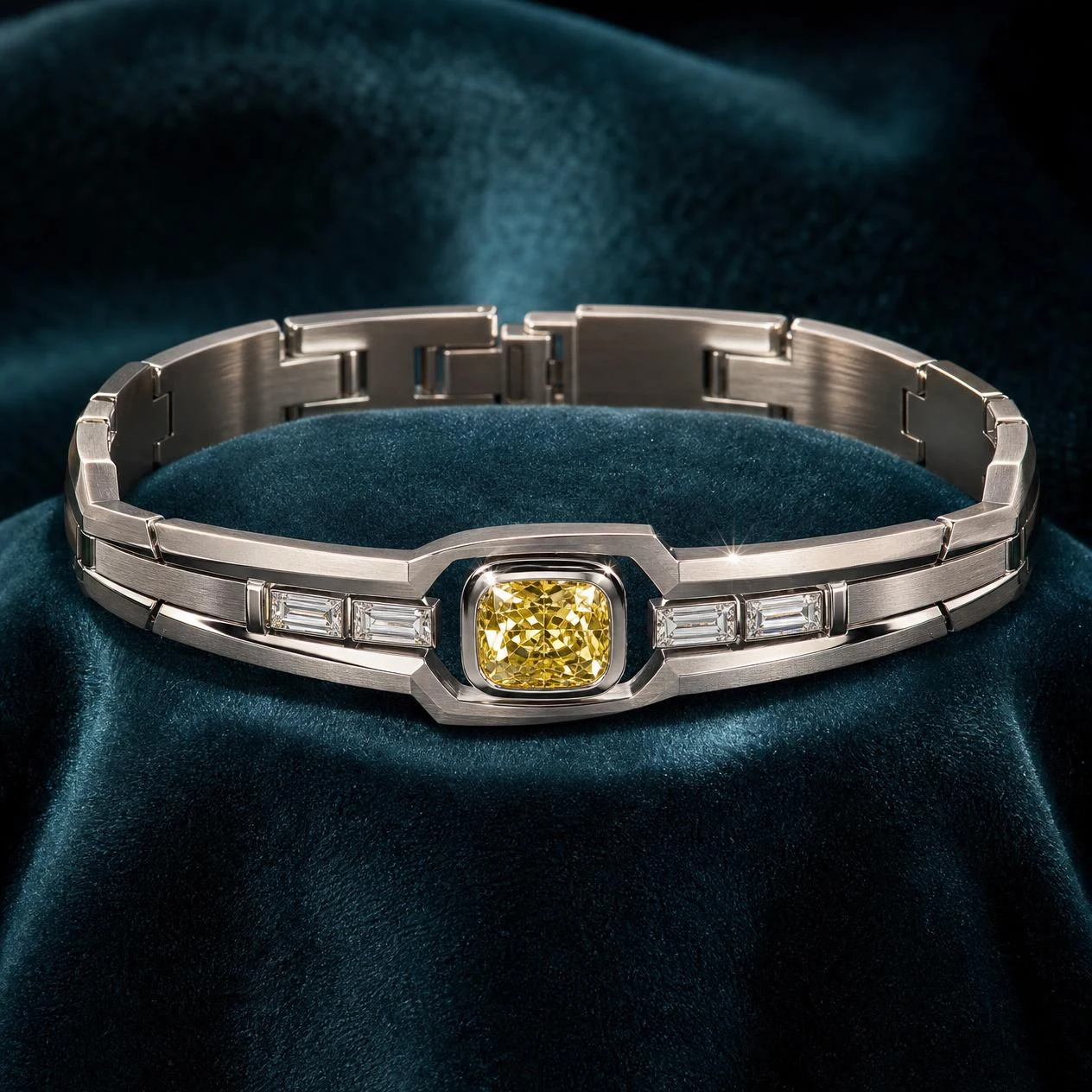 Levante di Granito, 2.28 ct tw cushion lab grown diamond men’s bracelet in 18K white gold (front view)