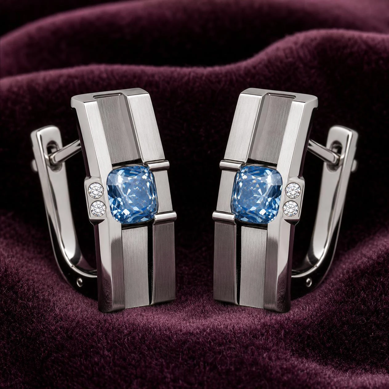 Meridiano Tenace, 2.32 ct tw cushion lab grown diamond men’s earrings in 14K white gold (front view)