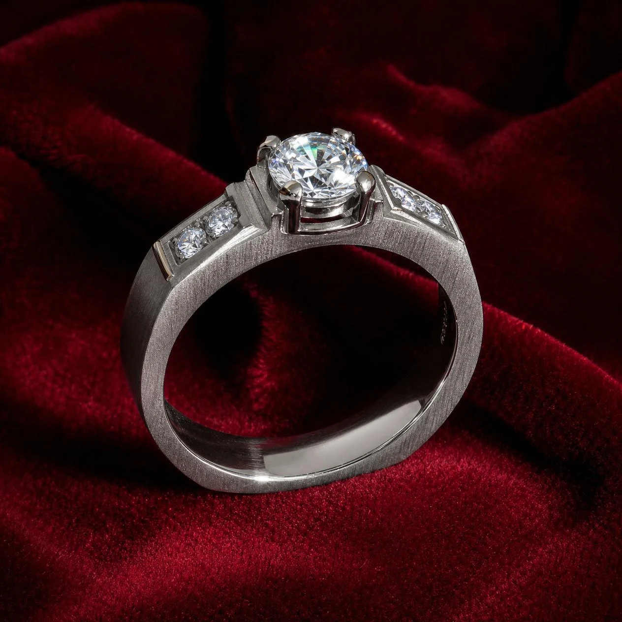 Cratere di Genova, 0.9 ct tw round lab grown diamond men’s ring in 14K white gold (front view)