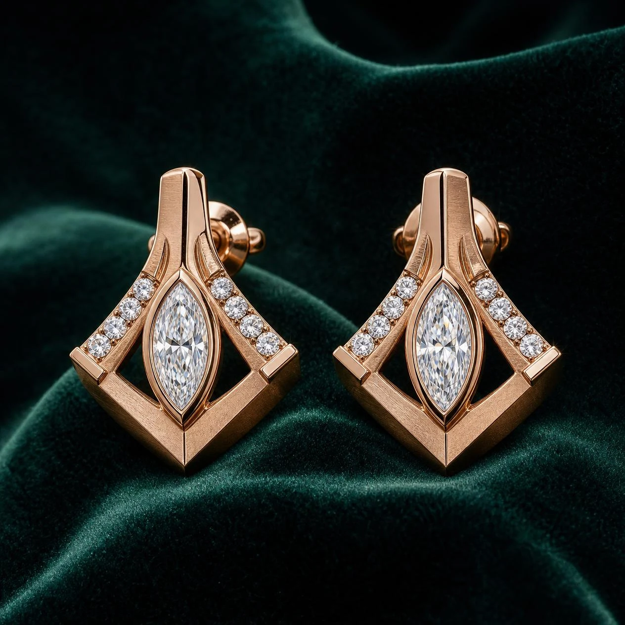 Nord Sovrano, 2.04 ct tw marquise lab grown diamond men’s earrings in rose gold (front view)