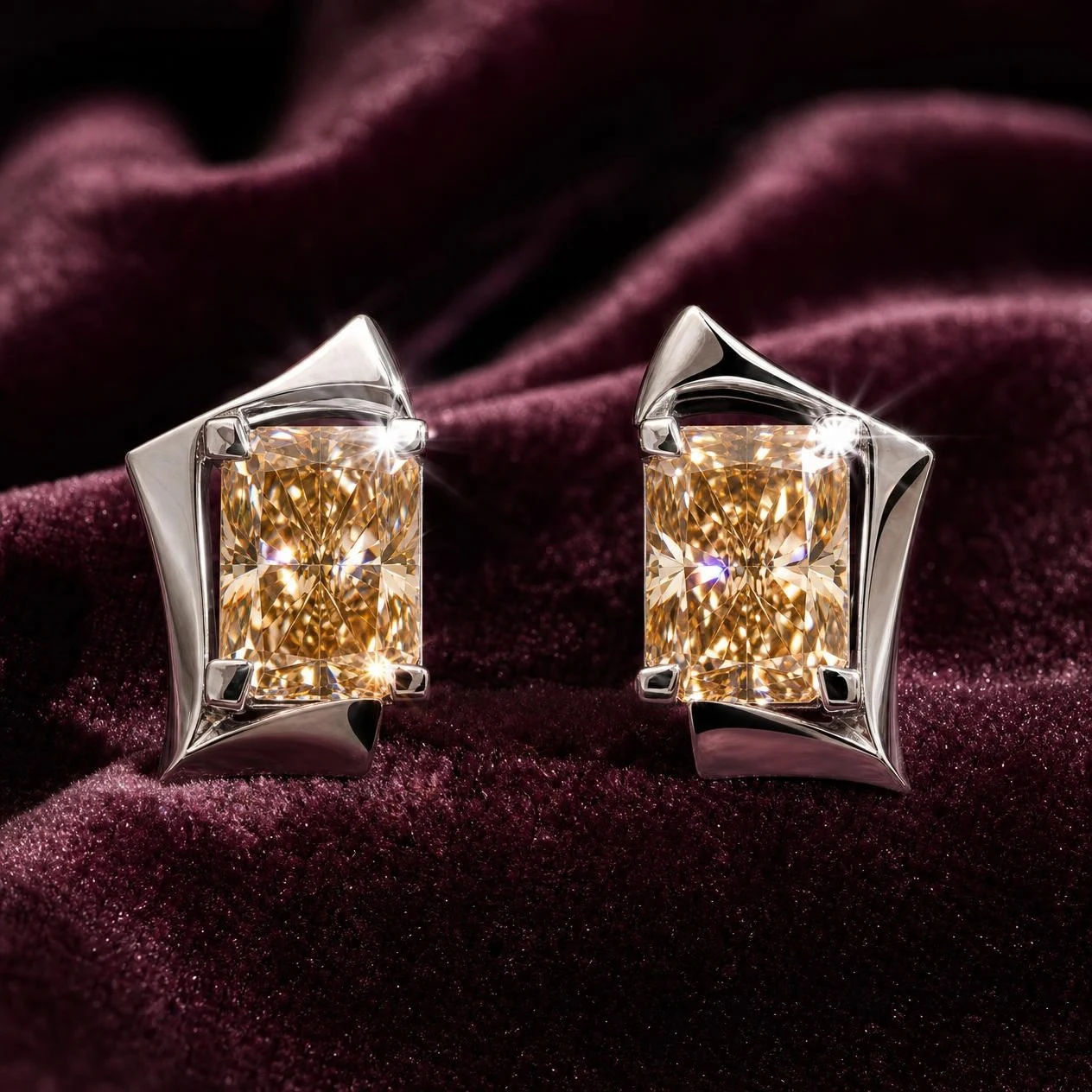 Herencia del Cielo, 1 ct radiant lab grown diamond earrings in 14K white gold (front view)