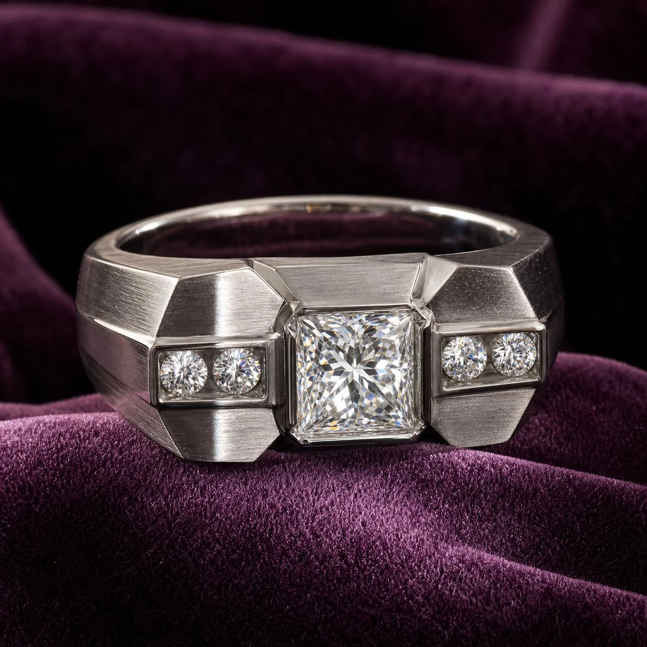 Ammiraglio Imperiale, 1.31 ct tw princess lab grown diamond men’s ring in 14K white gold (front view)