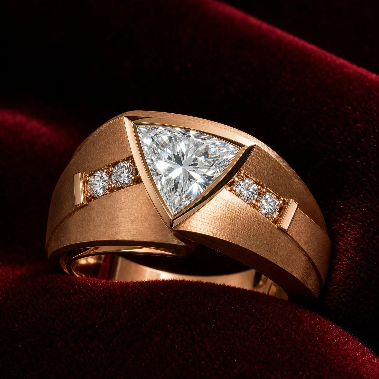 Maestro Antico, 1.26 ct tw trillion lab grown diamond men’s ring in rose gold (front view)