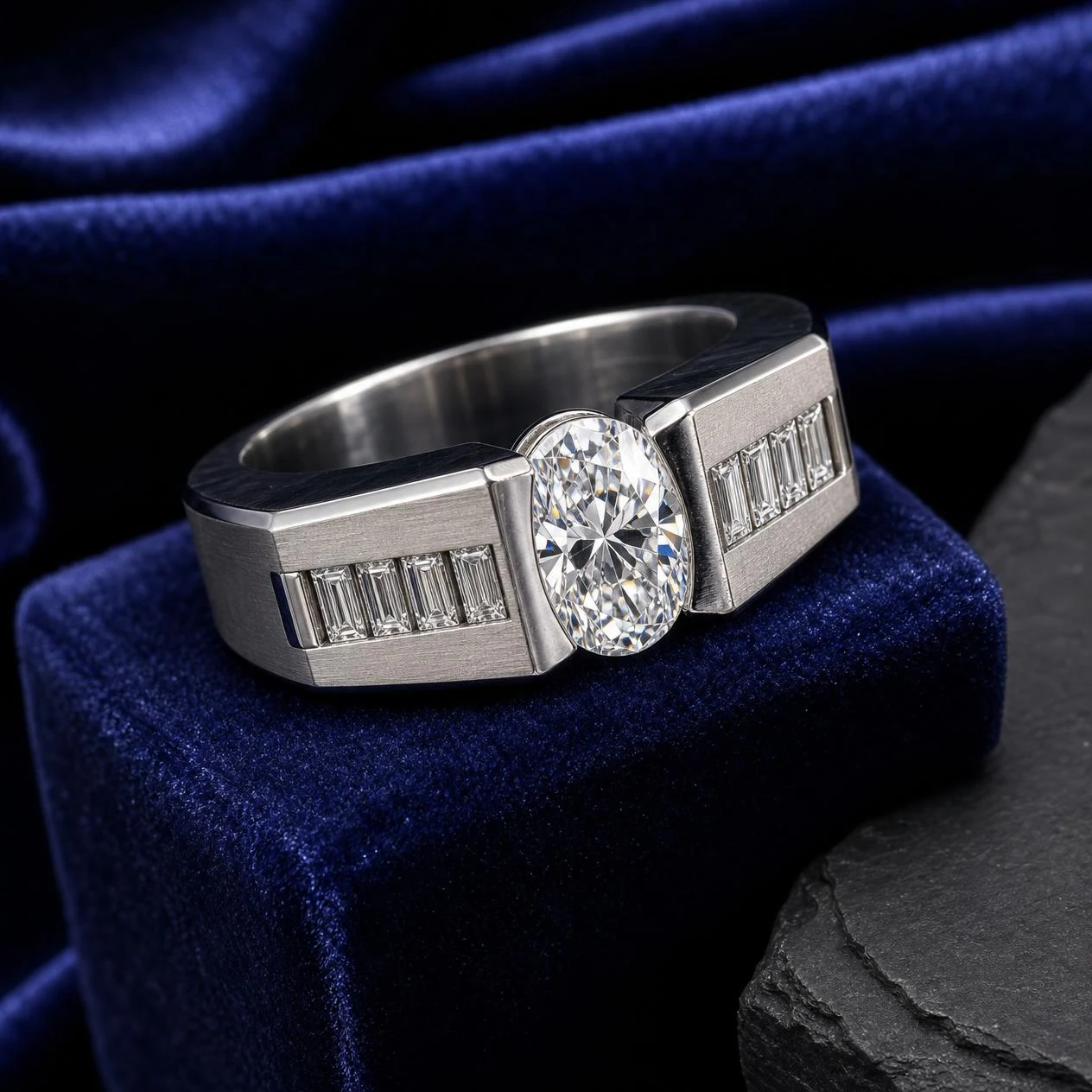 Basalto d'Oriente, 1.4 ct tw oval lab grown diamond men’s ring in 14K white gold (front view)
